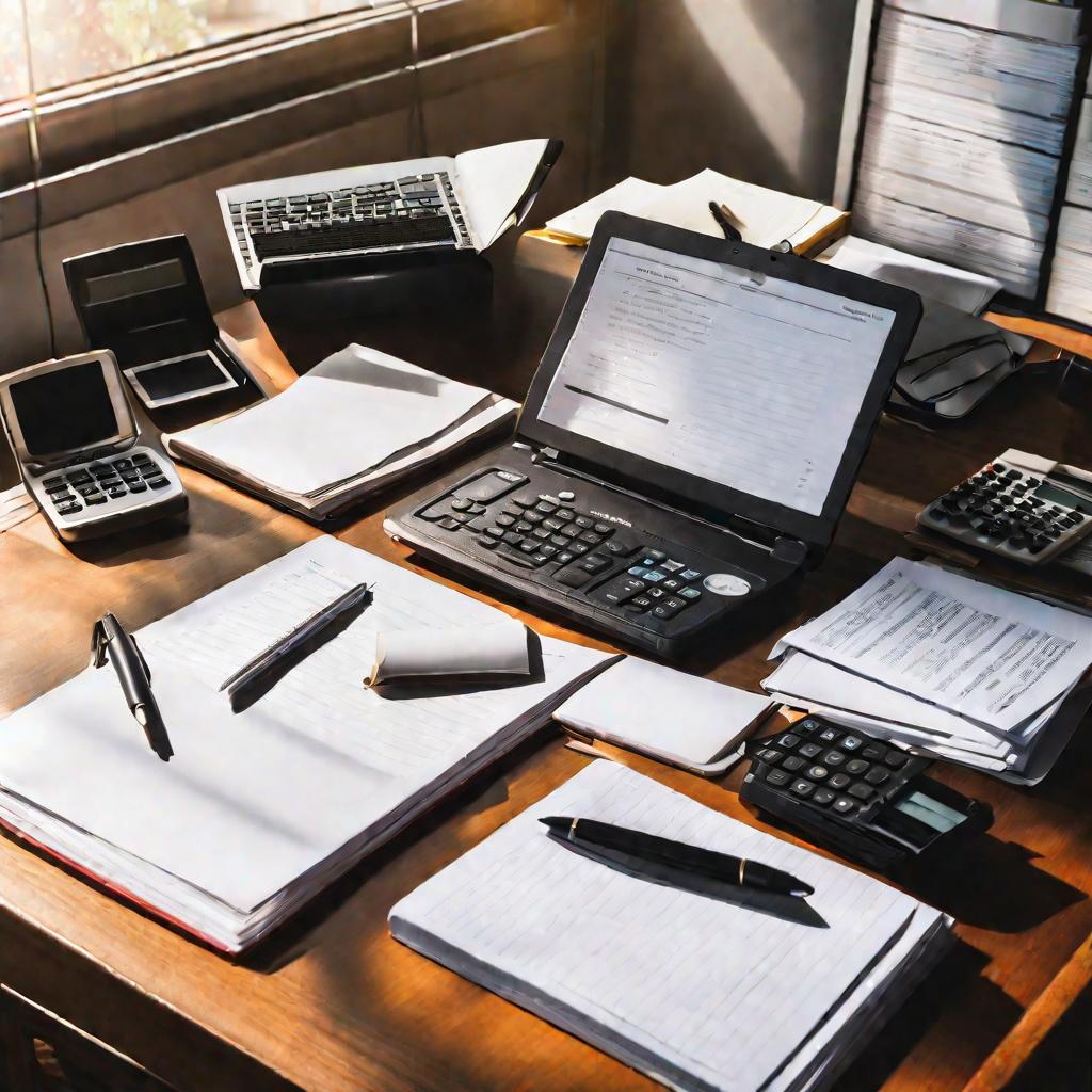 Рабочий стол с бумагами и ноутбуком