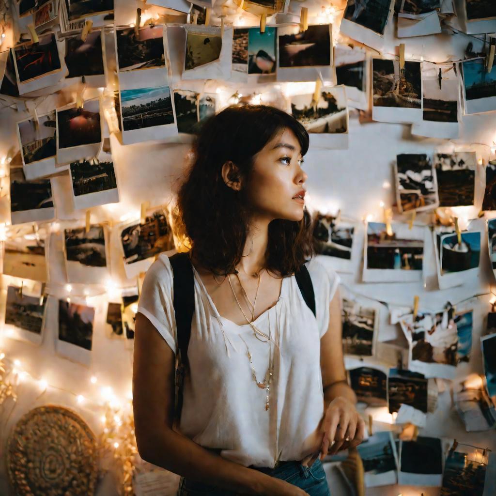 Девушка смотрит на стену с фотографиями