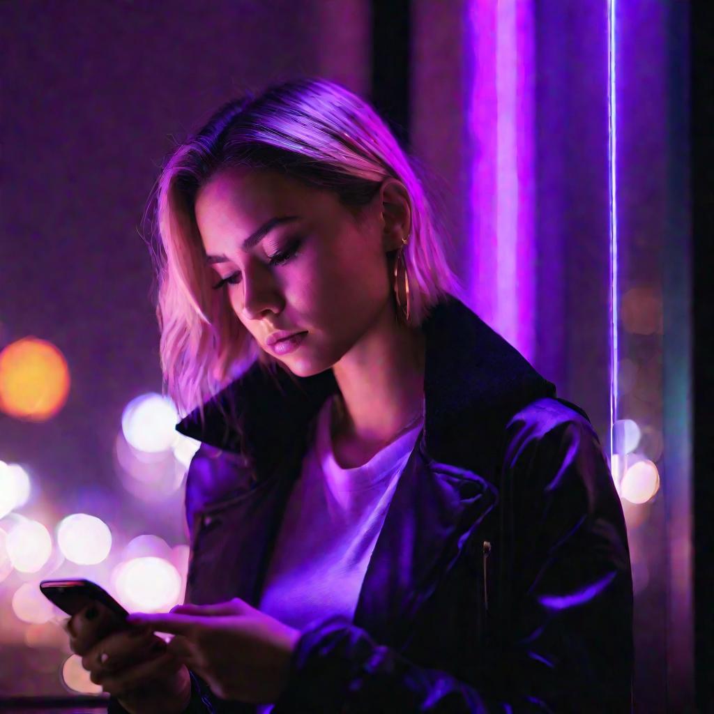Молодая девушка ночью печатает важное сообщение в телефоне