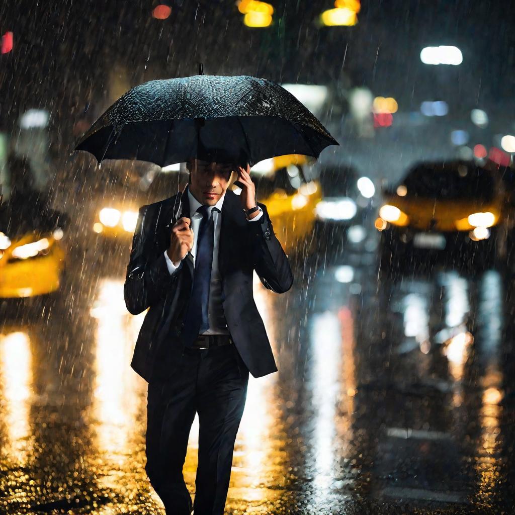 Бизнесмен говорит по телефону под дождем ночью.