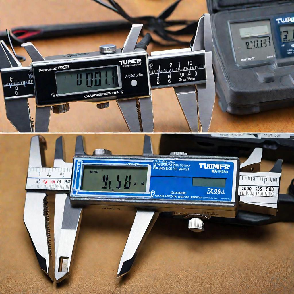 Современный цифровой штангенциркуль для высокоточных измерений, крупным планом. Измерительные инструменты аккуратно разложены на рабочем столе токаря. Специальный калибр с резьбой для контроля детали, сверху.