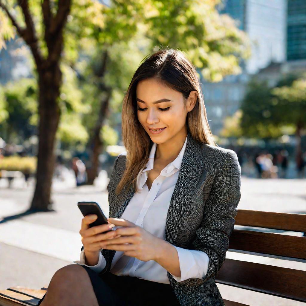 Девушка в деловом костюме смотрит в телефон, сидя на скамейке на улице в солнечный день.
