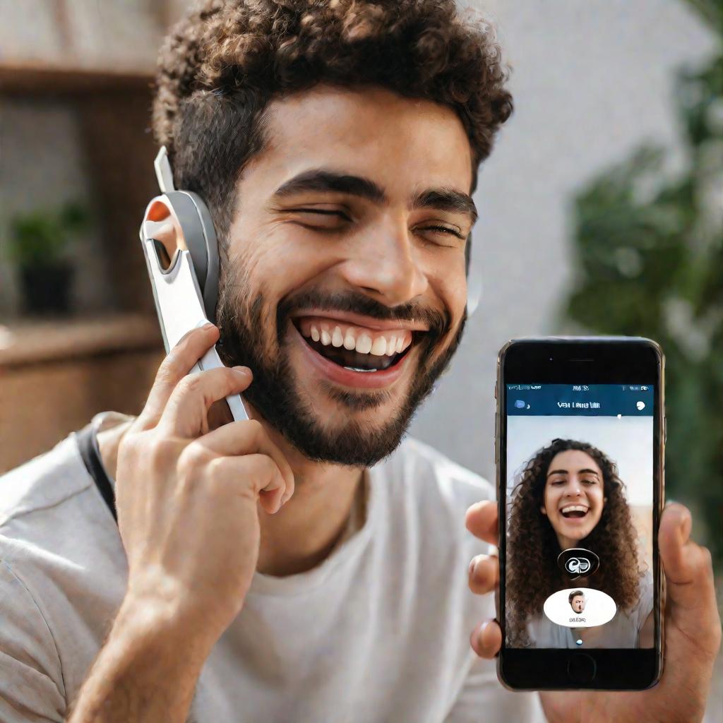 Молодой человек разговаривает по видеосвязи на иврите с носителем языка, улыбаясь