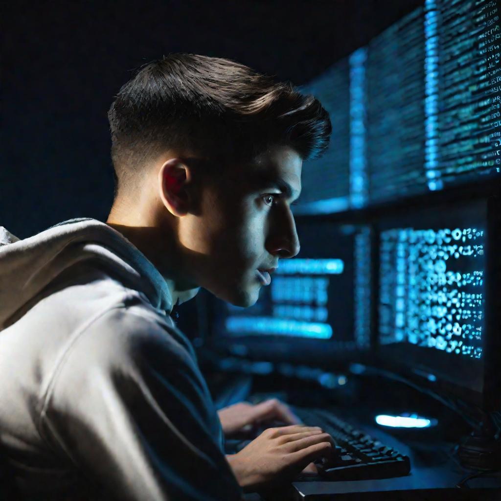 Крупный портрет молодого человека, интенсивно работающего над дешифровкой секретных кодов на компьютере, глаза сфокусированы на экран как лазер, драматично освещенный сбоку светом монитора в темной комнате.