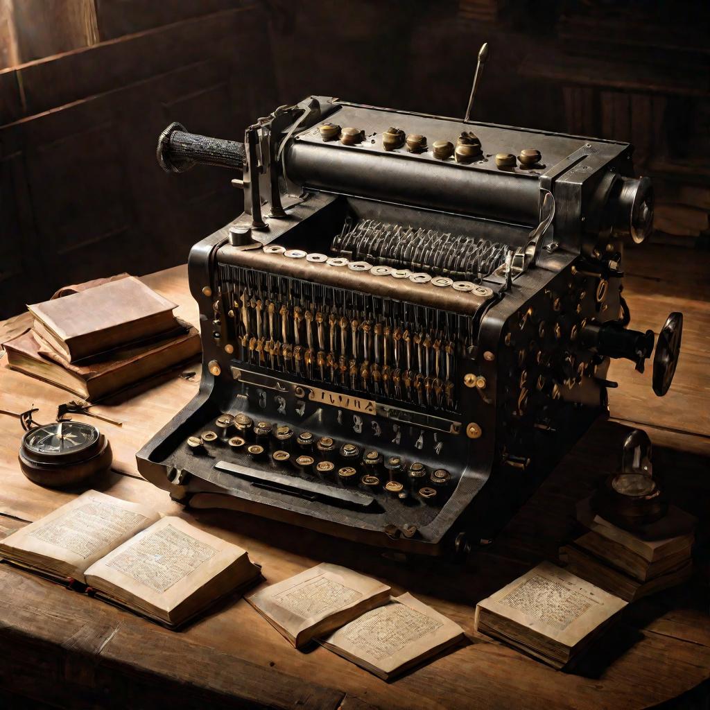 Вид сверху на шифровальную машину Энигма времен Второй мировой войны, стоящую на деревянном столе, вокруг которой разложены таинственные заметки и книги, полоса света падает на нее в запыленной комнате.
