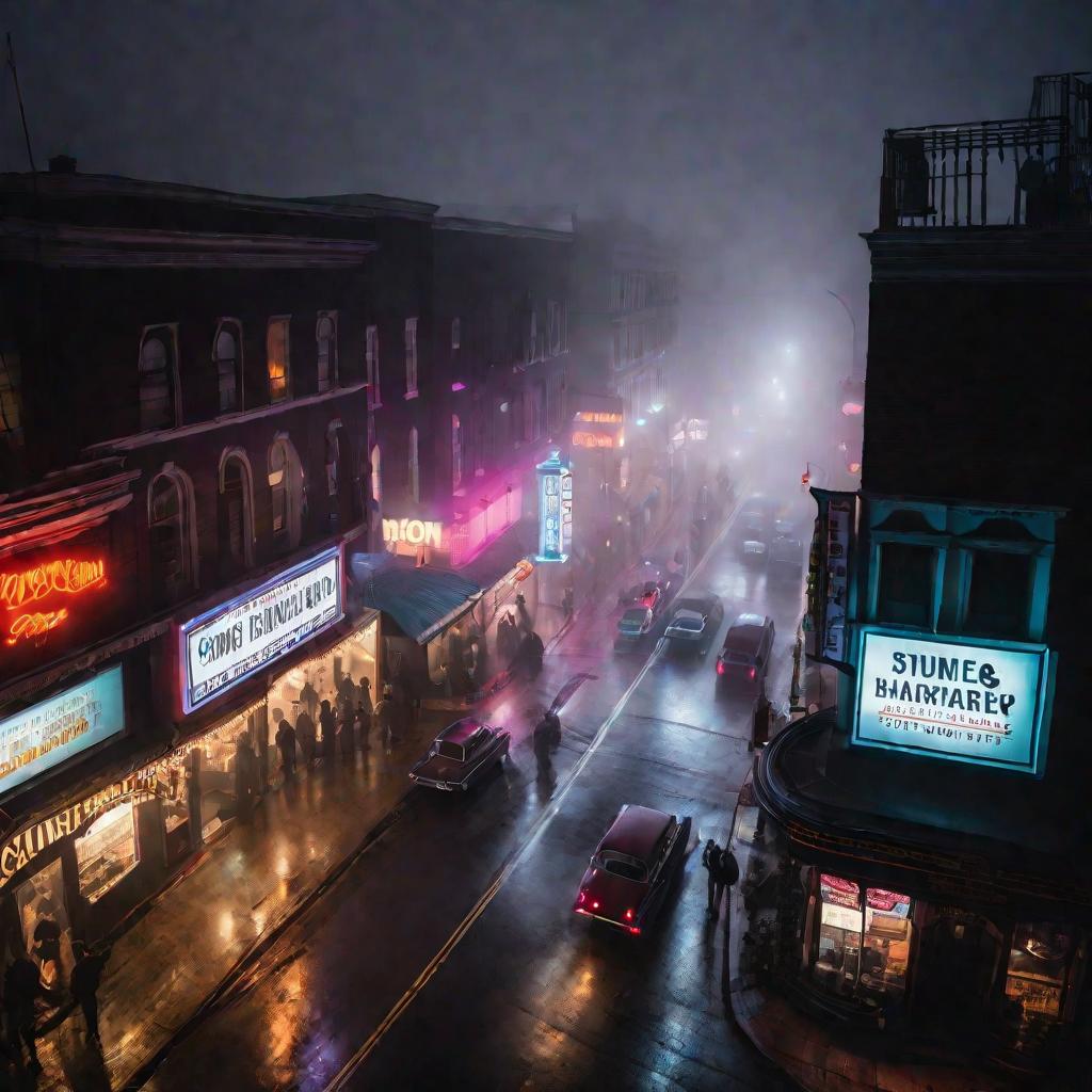 Вид сверху на оживленную ночную улицу в тумане.