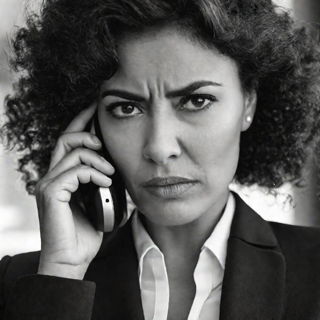 Женщина-бизнесвумен серьезно разговаривает по телефону