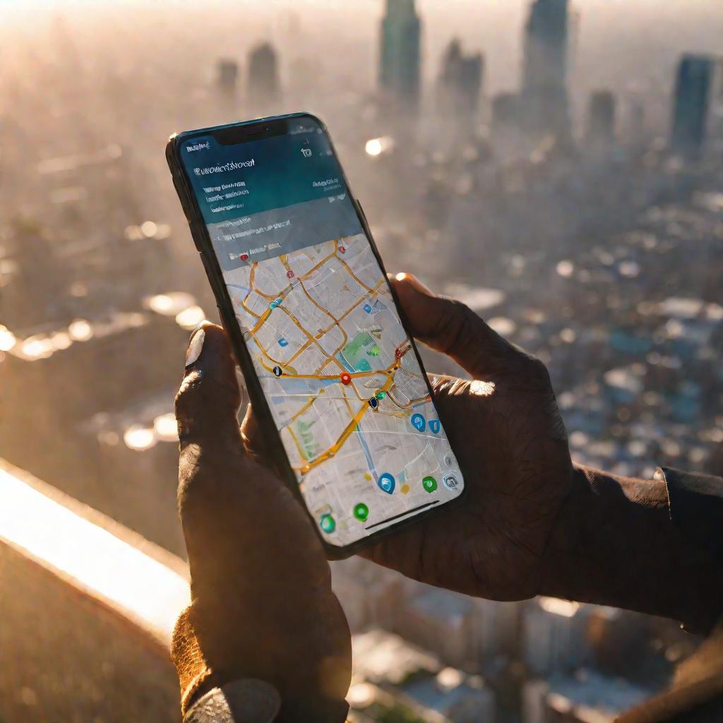 Рука держит телефон с открытыми картами и метками местоположения.