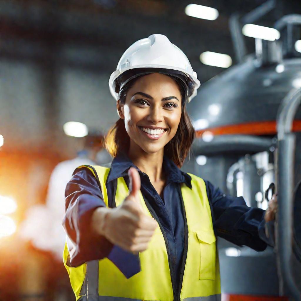 Крупный план портрета улыбающейся женщины-рабочей в защитной одежде, стоящей перед большой промышленной центрифугой. Она смотрит в камеру и показывает жест