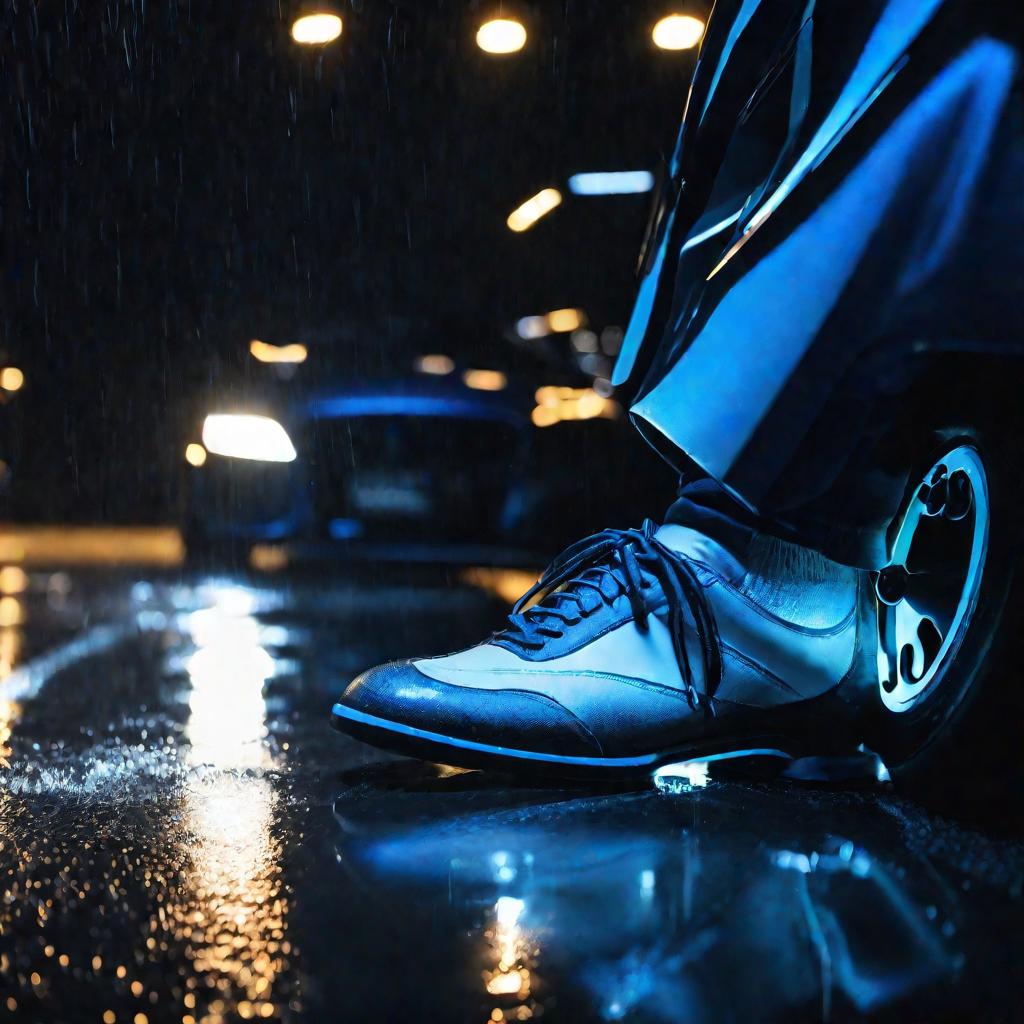 Крупный драматичный кинематографичный кадр человека, наступающего на тормозную педаль машины, подсвеченного неоновой подсветкой холодного голубого цвета. Его нога ярко освещена, а задний план уходит в мрачную темноту. Белая мокрая от дождя тормозная педал