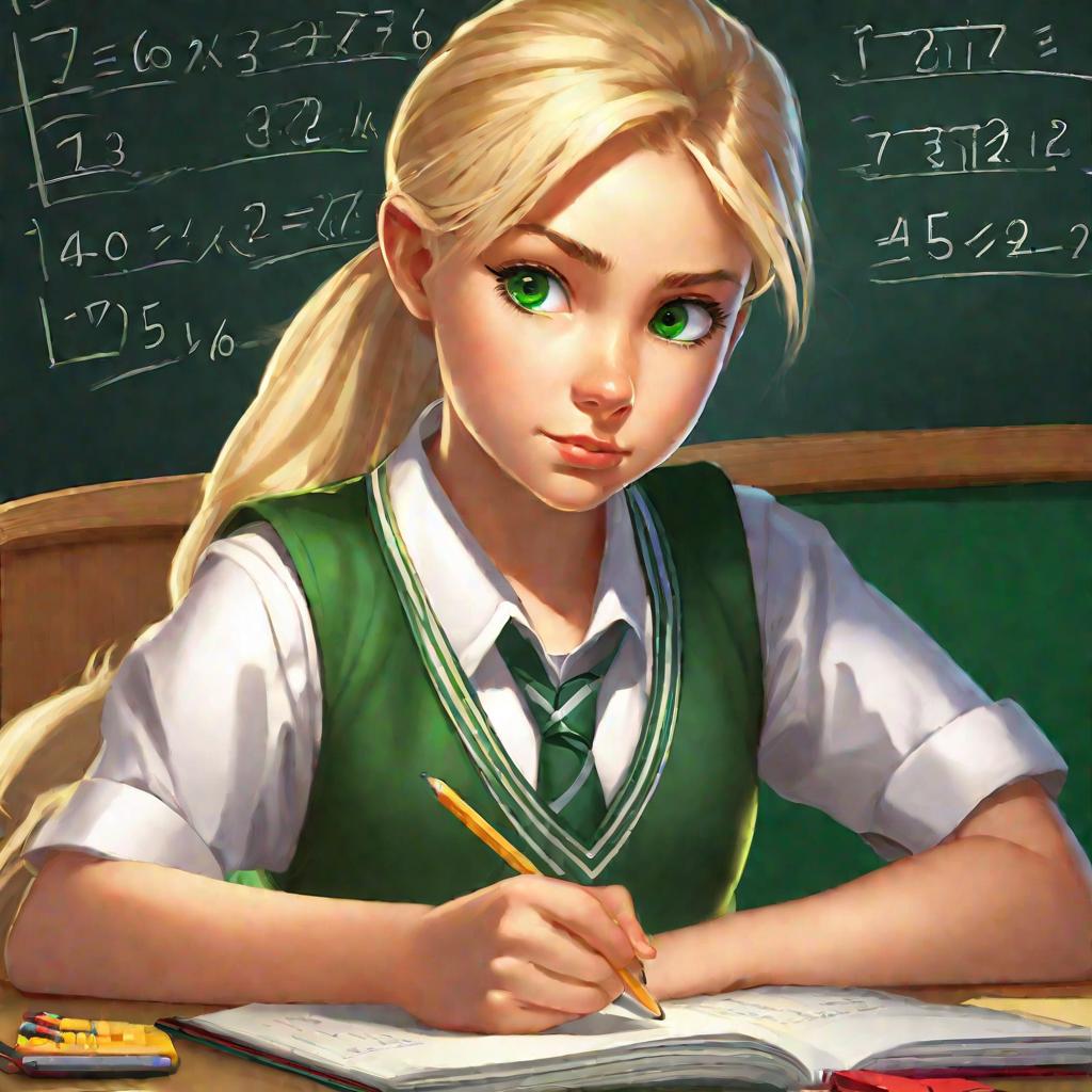 Портрет девочки-школьницы, решающей математические задачи по округлению чисел в тетради.