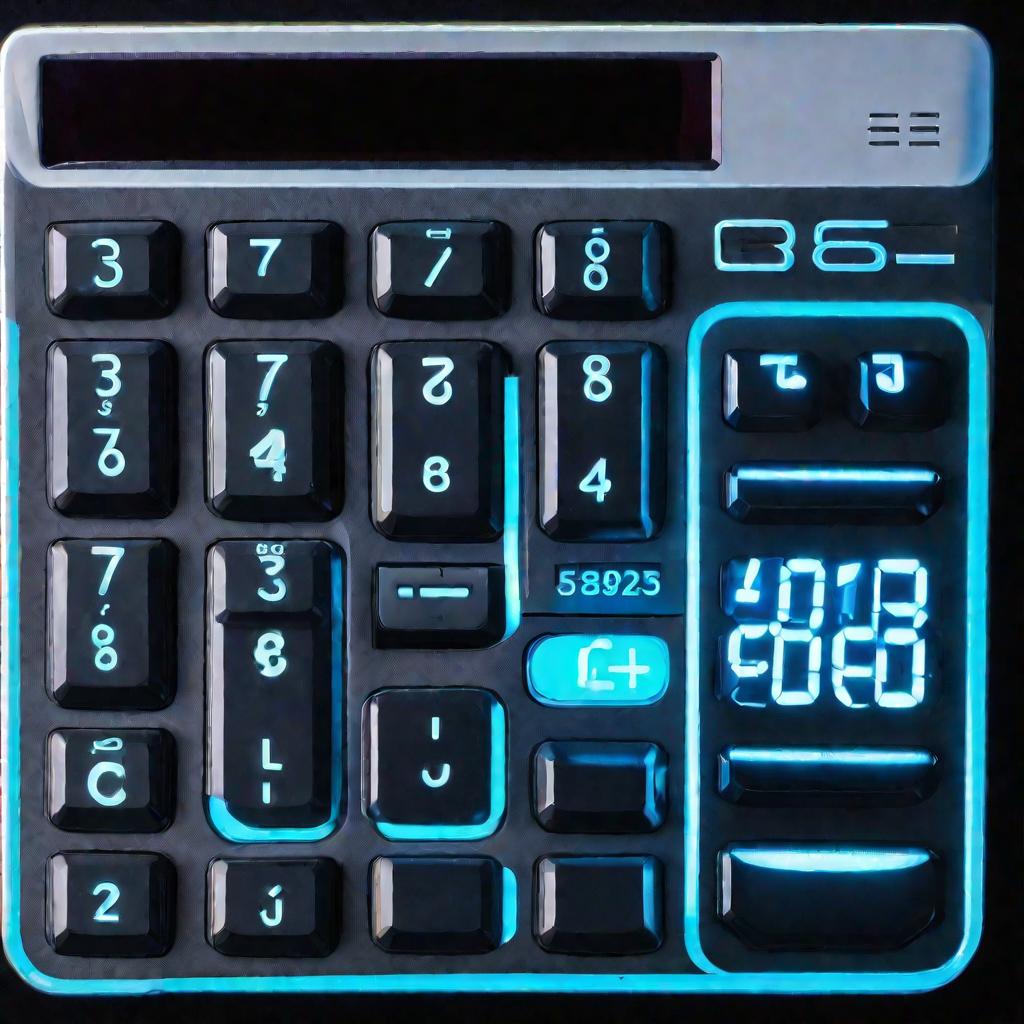 Футуристический калькулятор с синей подсветкой и примерами округления чисел на дисплее.