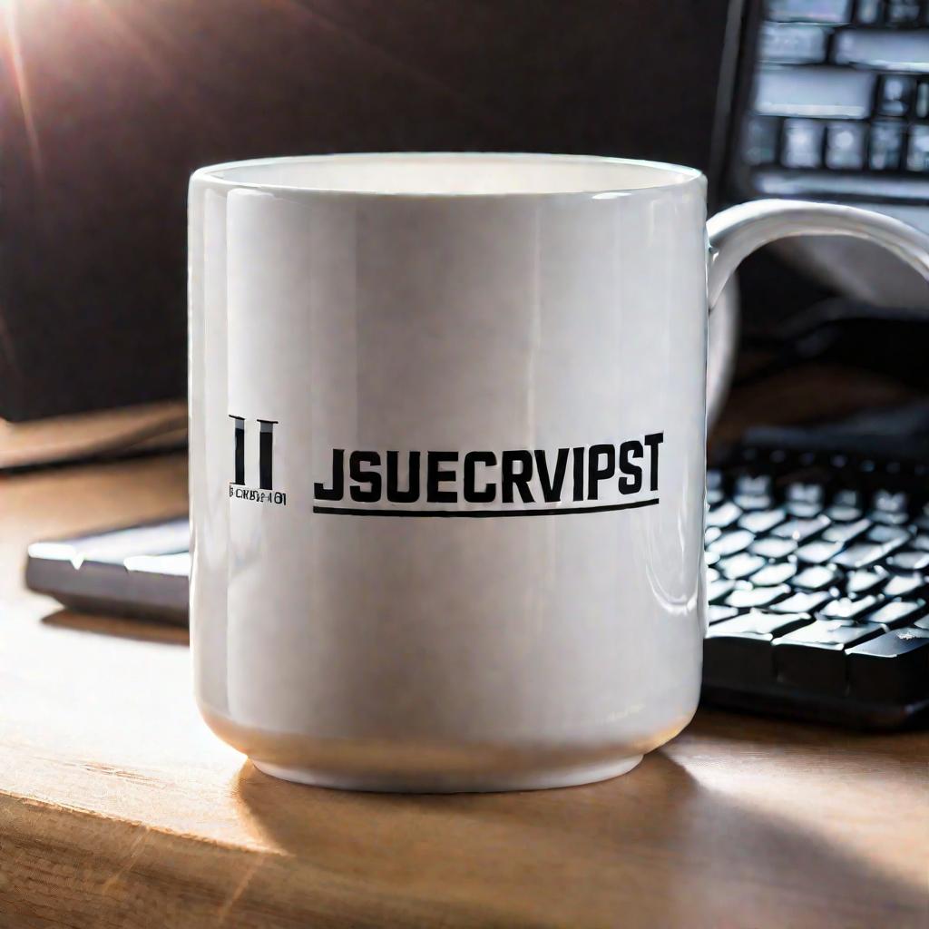 Кружка с надписью «Я ❤ JavaScript» рядом с клавиатурой