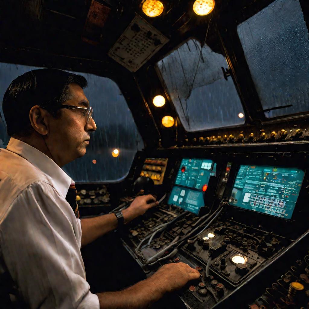 Ночной дождь, машинист в кабине ТЭП60 перед панелью управления