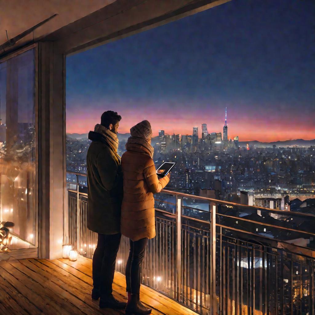 Панорамный вид пары, стоящей на балконе в сумерках, с панорамой города вдали. Они смотрят на планшет, который держит мужчина, на котором показана страница входа в сервис потокового вещания. Пара выглядит счастливой и расслабленной, одетые в теплые пальто 
