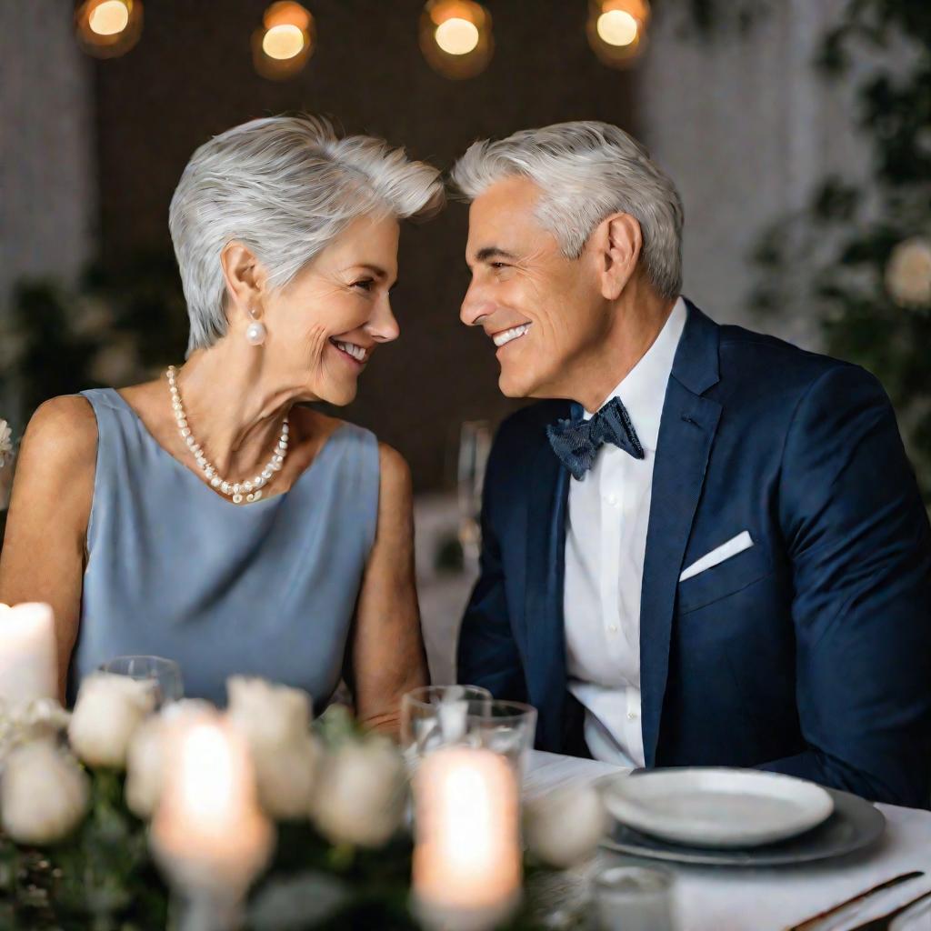 Портрет пожилой пары за ужином в день годовщины свадьбы.