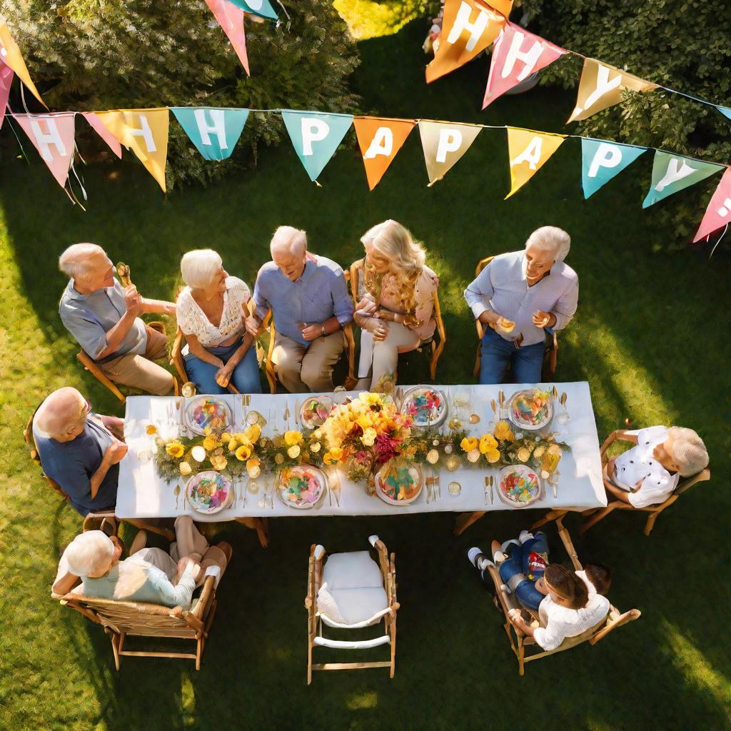 Большое семейное застолье во дворе по случаю 32-й годовщины бабушки и дедушки.