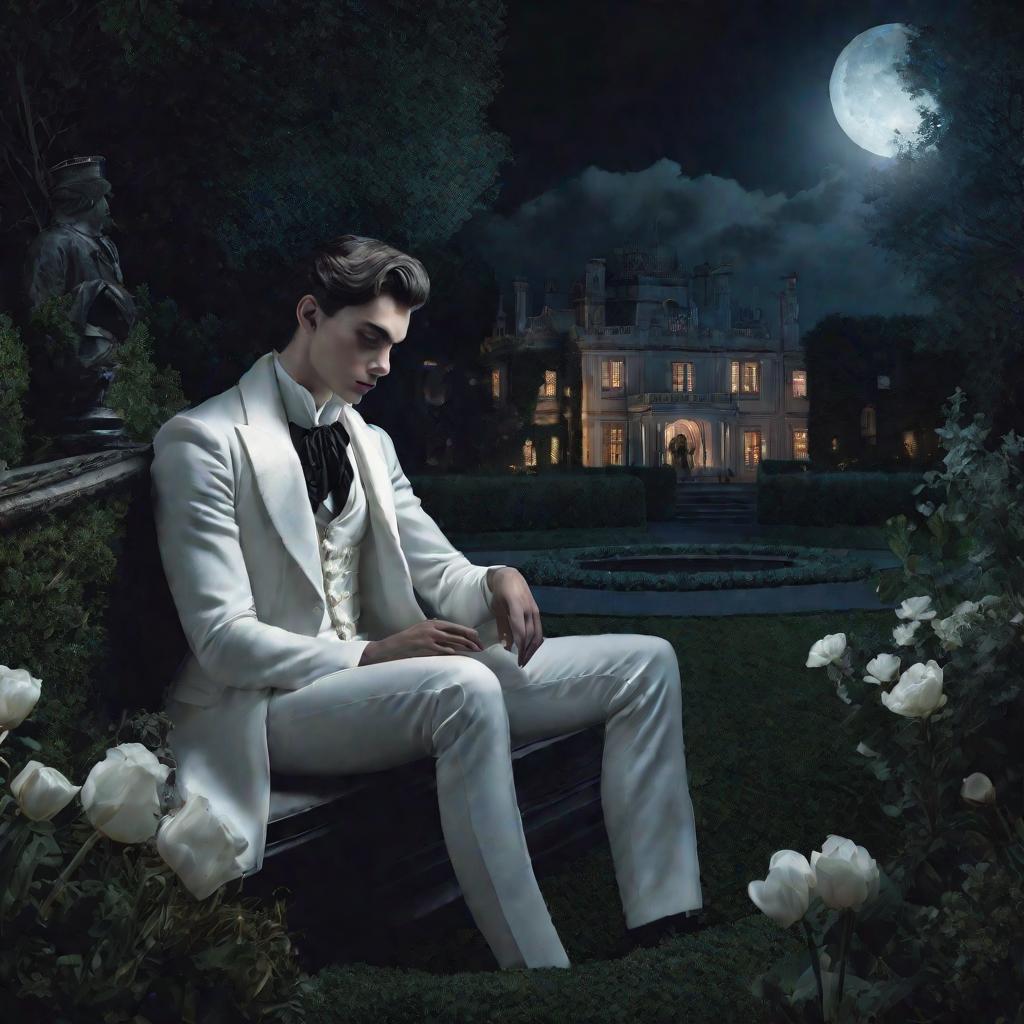 Портрет задумчивого молодого человека в одежде поэта, сидящего в одиночестве ночью в тихом лунном саду. Он смотрит вдаль, погруженный в меланхоличные мысли и воспоминания, отстраненный от шумного маскарада, происходящего в особняке позади него.