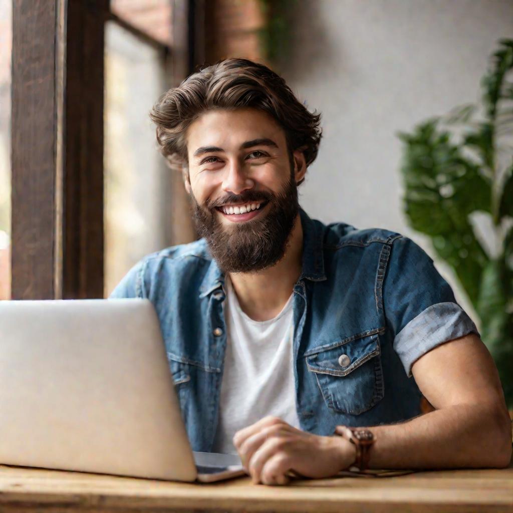 Молодой бородатый мужчина с улыбкой подает заявку на регистрацию в качестве самозанятого