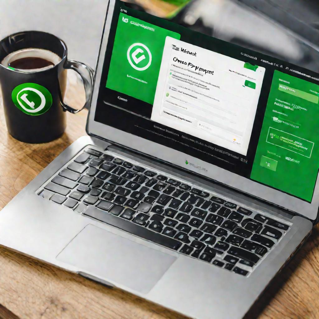 На ноутбуке открыто приложение для уплаты налогов, где зеленая галочка указывает на успешный платеж