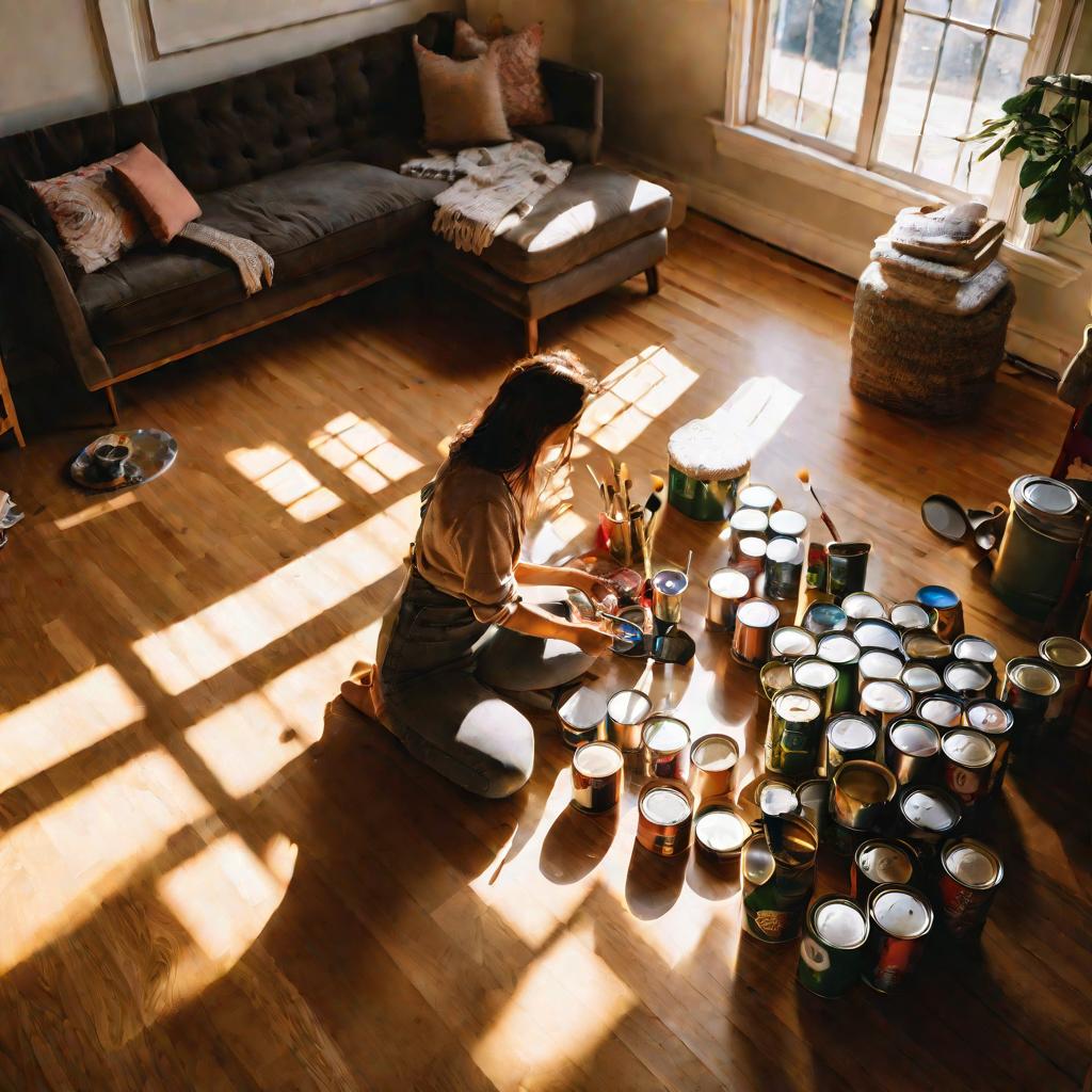 Женщина сидит на полу гостиной и красит ножку деревянного журнального столика.