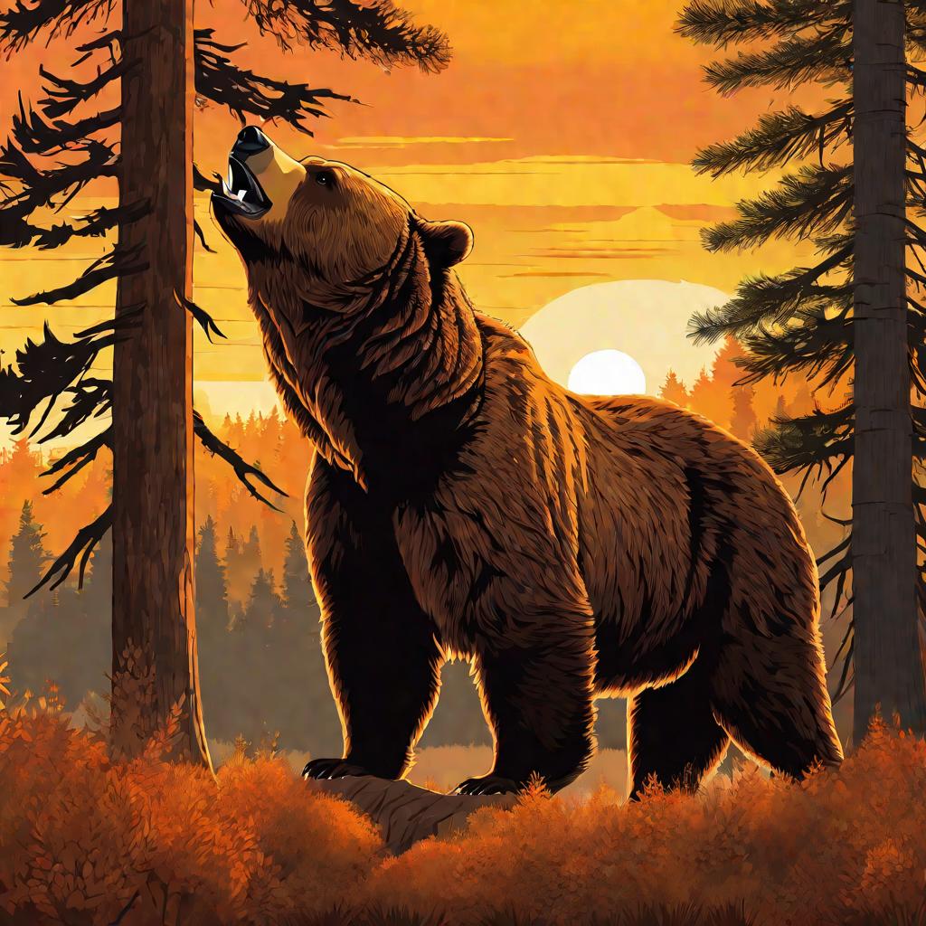 Реалистичный бурый медведь в лесу на закате