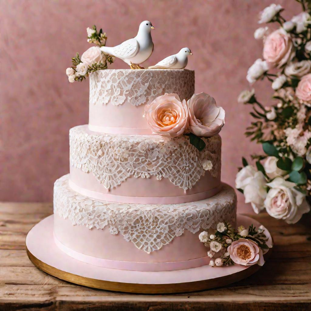 Свадебный торт с кружевами и голубями