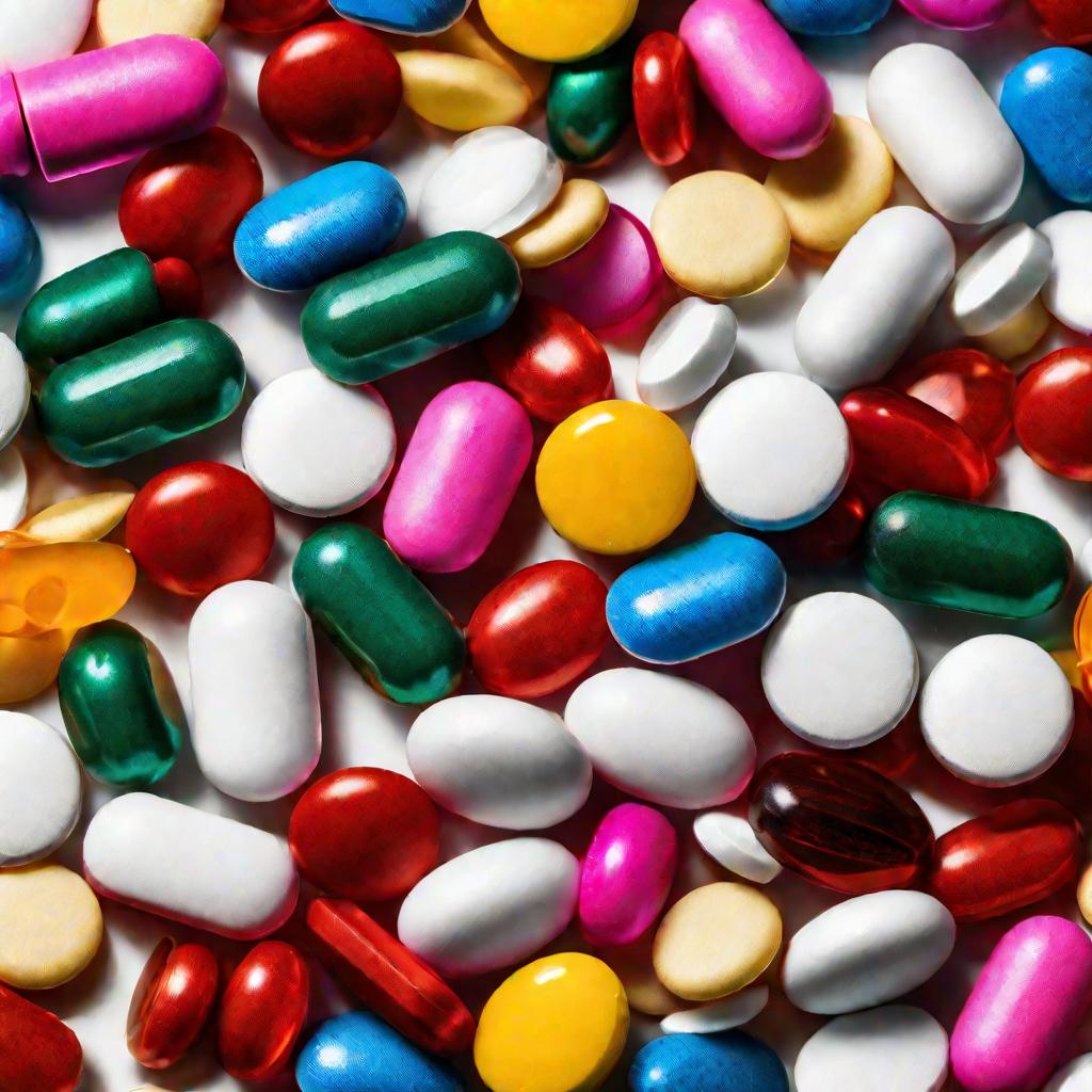 Красочное изображение разнообразных лекарственных таблеток и капсул, аккуратно рассортированных на белом фоне