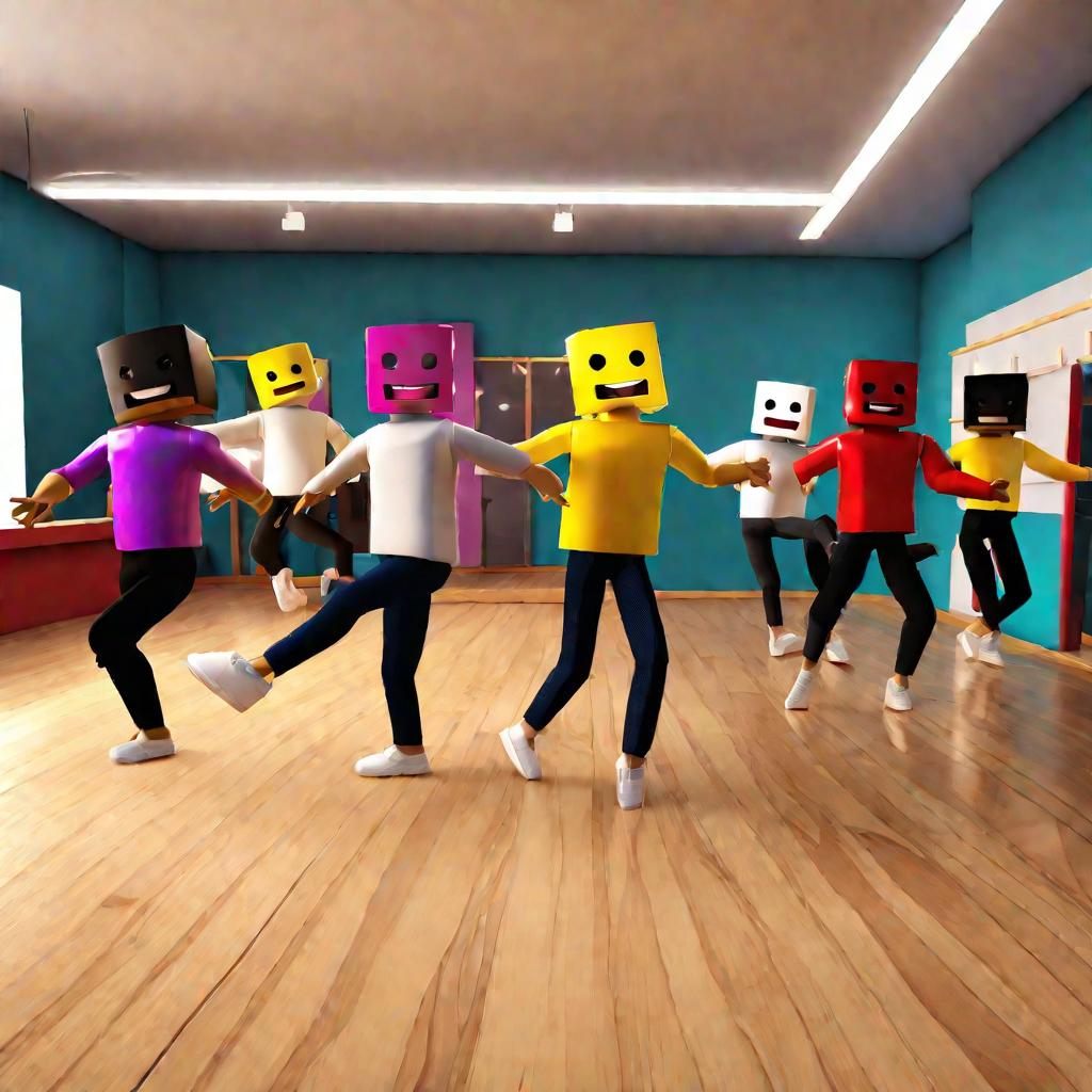 Группа аватаров Роблокса танцует вместе в танцевальной студии.