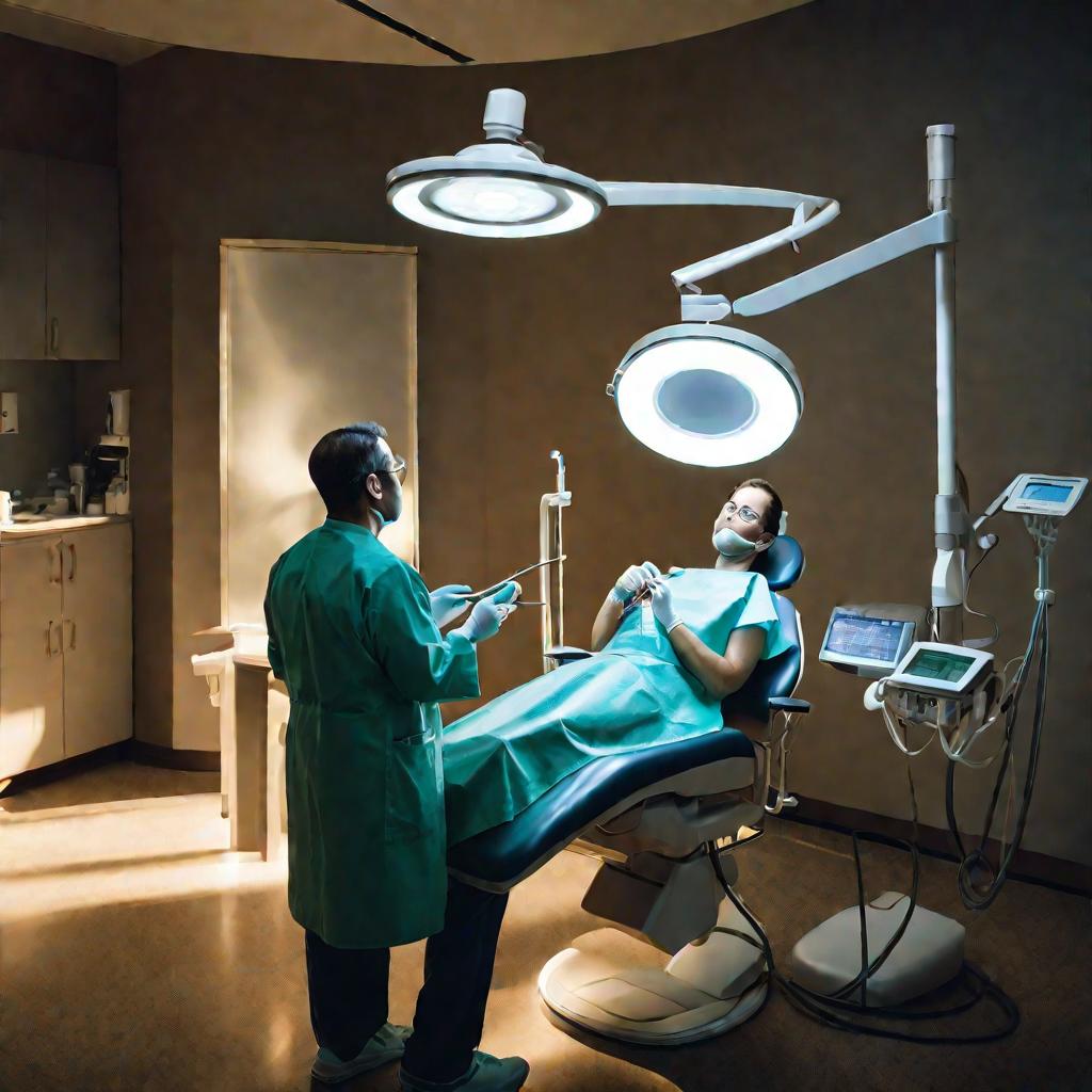 Драматичная сцена осмотра зуба мудрости на приеме у стоматолога