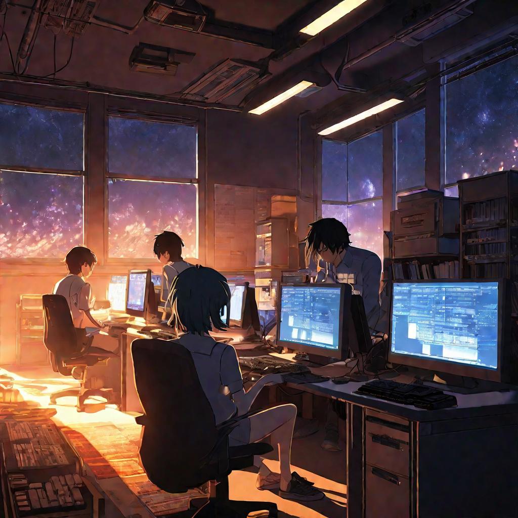 Герои аниме работают над игрой в компьютерном клубе на закате