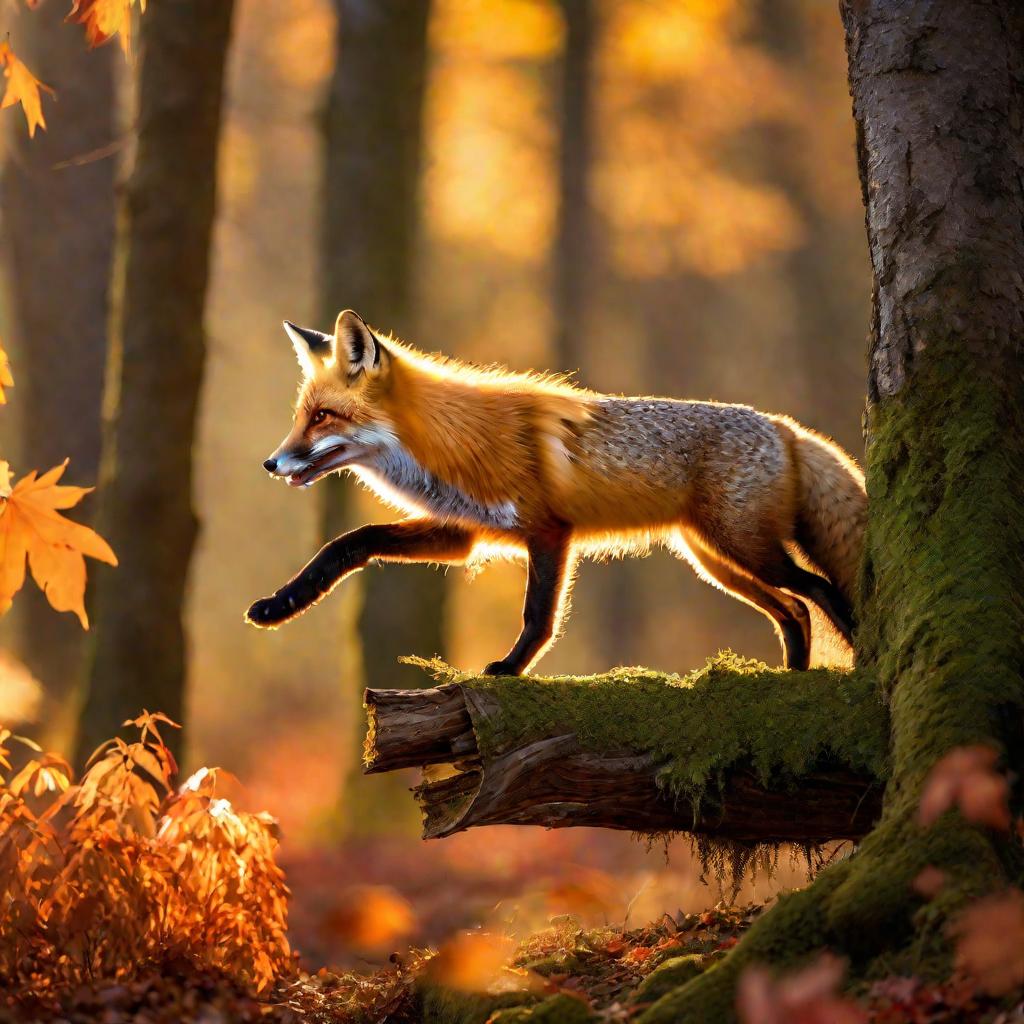 Рыжая лиса прыгает через бревно в лесу на рассвете