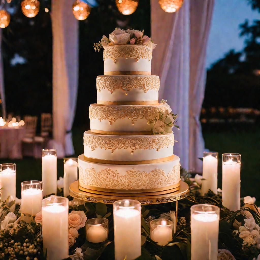 Свадебный торт на столе в сумерках