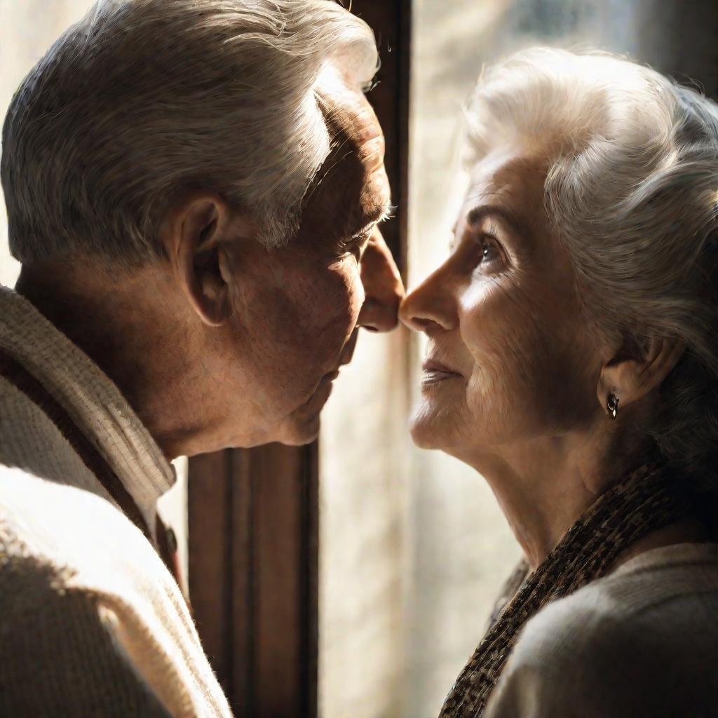 Пожилые мужчина и женщина беседуют, задавая друг другу вопросы.