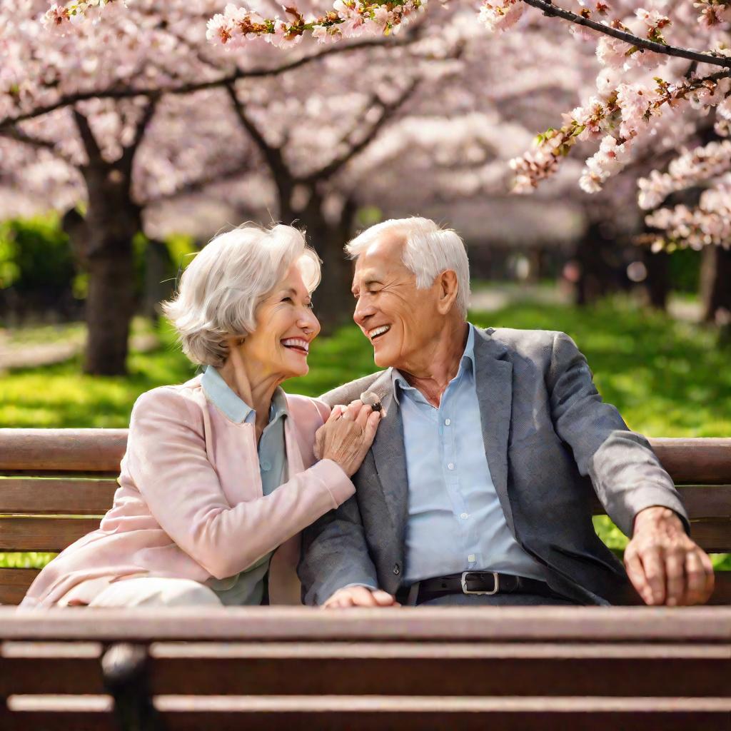 Пожилая пара держится за руки на лавочке в парке