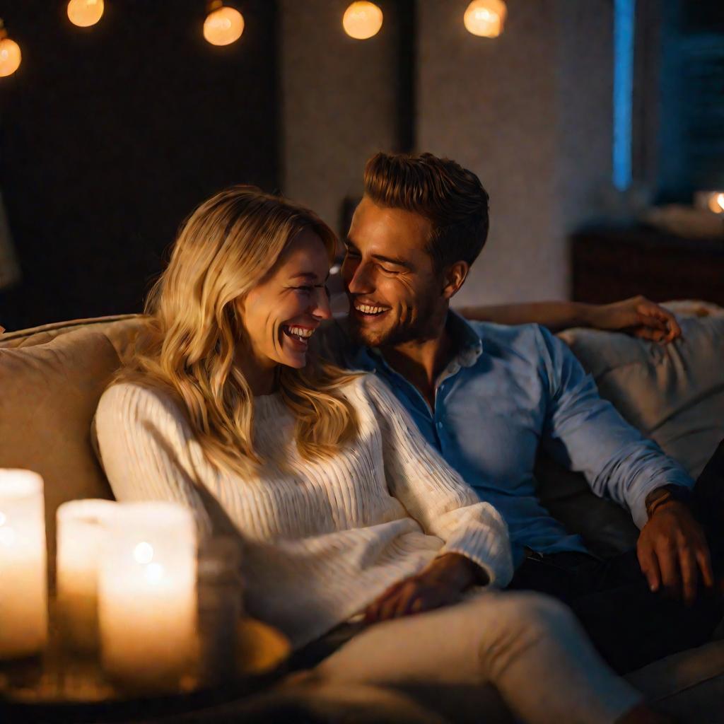 Пара сидит на диване-кровати в романтичном вечернем освещении