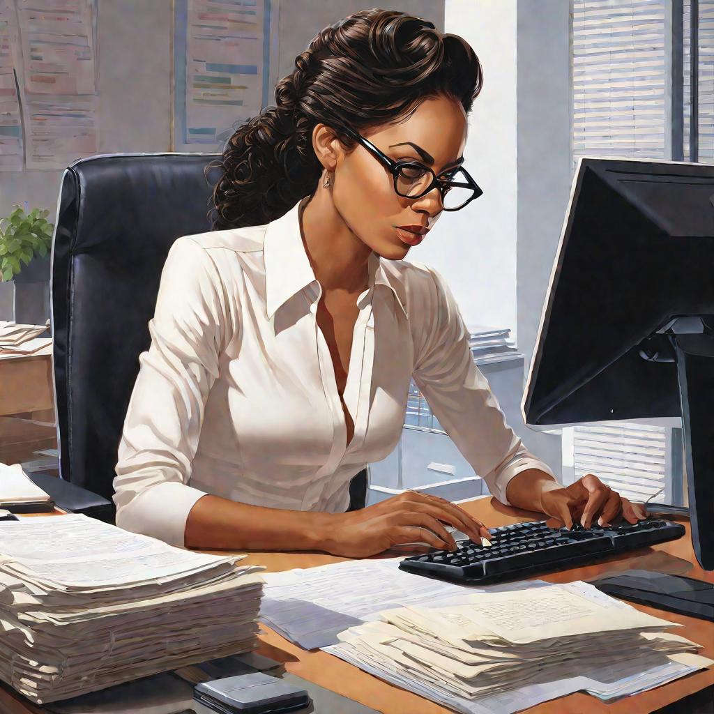 Женщина за компьютером в офисе.