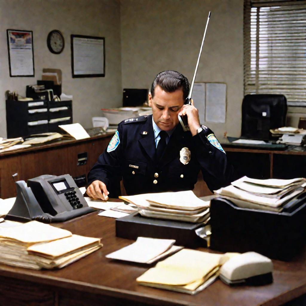 Полицейский в форме за столом в отделении, с телефонной трубкой у уха. Он просматривает бумаги и печатает на компьютере. Вокруг яркое освещение, шкафы с документами. В глубине видны другие занятые полицейские.