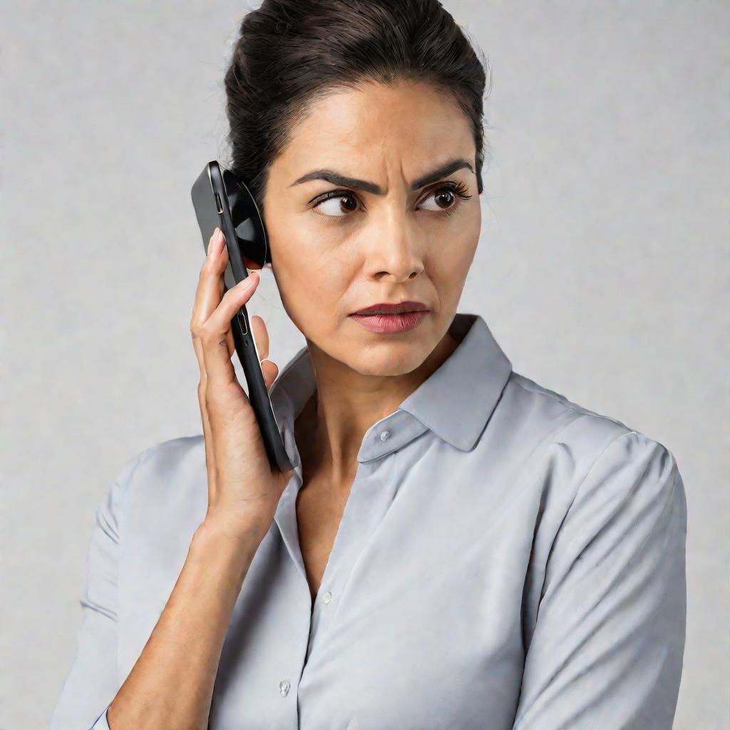 Портрет обеспокоенной женщины лет 30 с телефоном у уха на белом фоне в среднем плане. Она в деловой одежде, хмурит брови, внимательно слушая звонящего.