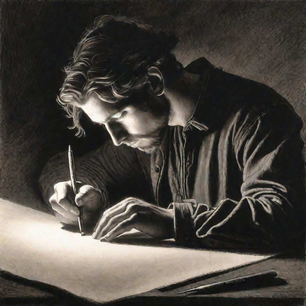 Портрет молодого человека, рисующего углем вечером при тусклом освещении