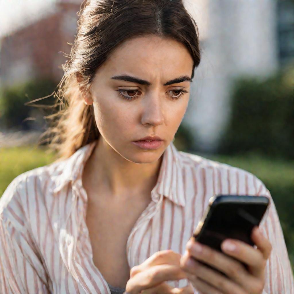 Девушка смотрит на экран своего смартфона на улице днем с сосредоточенным и слегка озадаченным выражением лица.