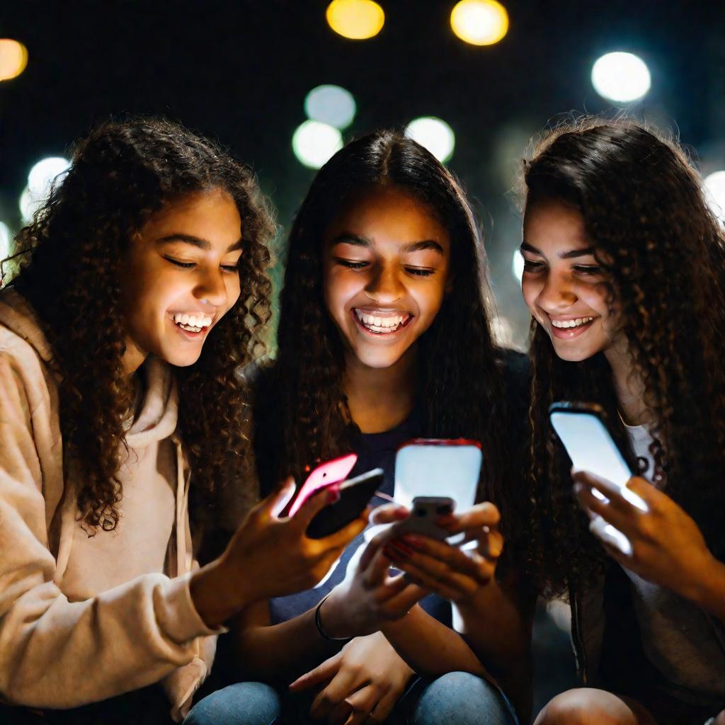 Веселая компания подростков ночью смеется и общается в смартфонах в городе под фонарем