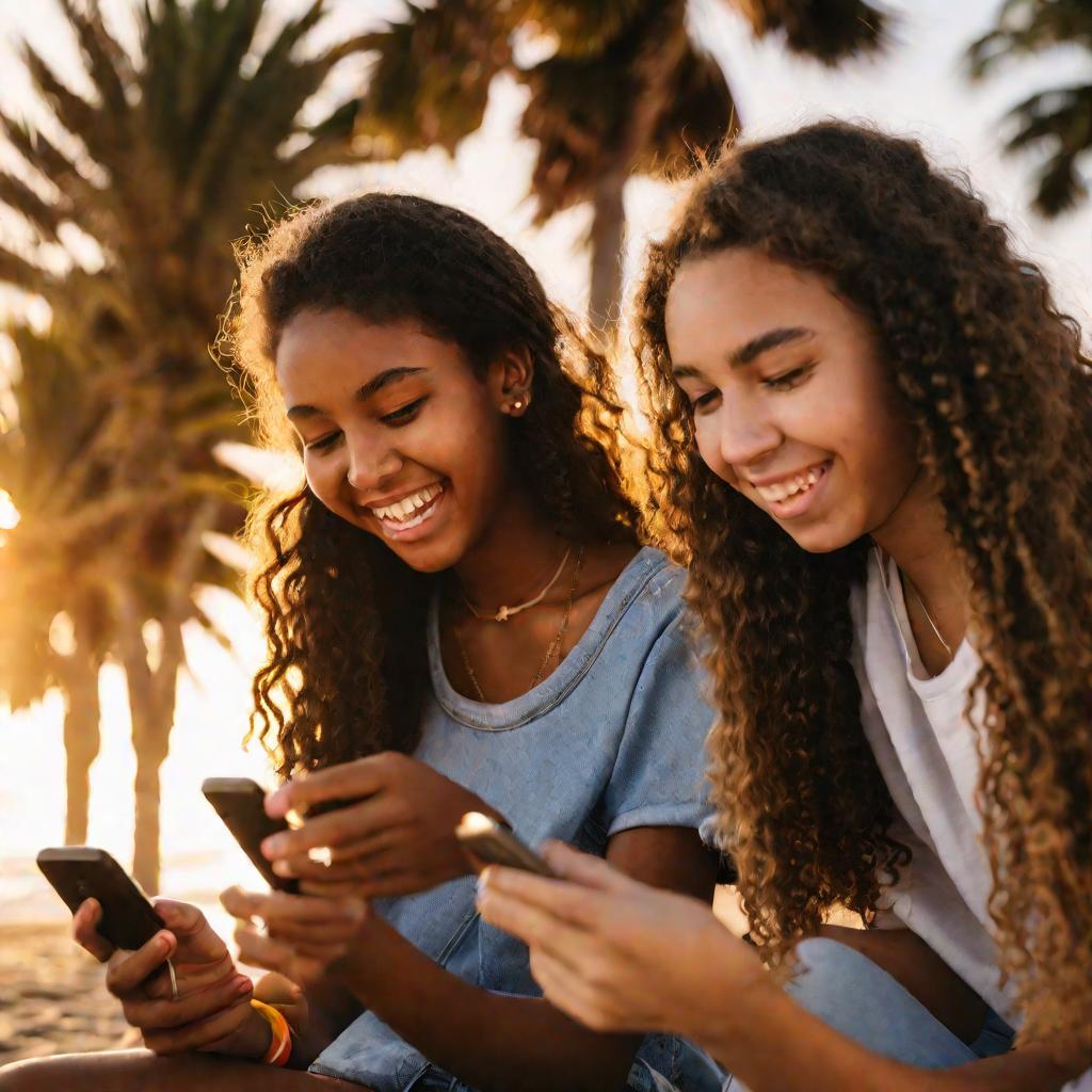 Две девушки сидят на пляже в закатных лучах и активно общаются в смартфонах