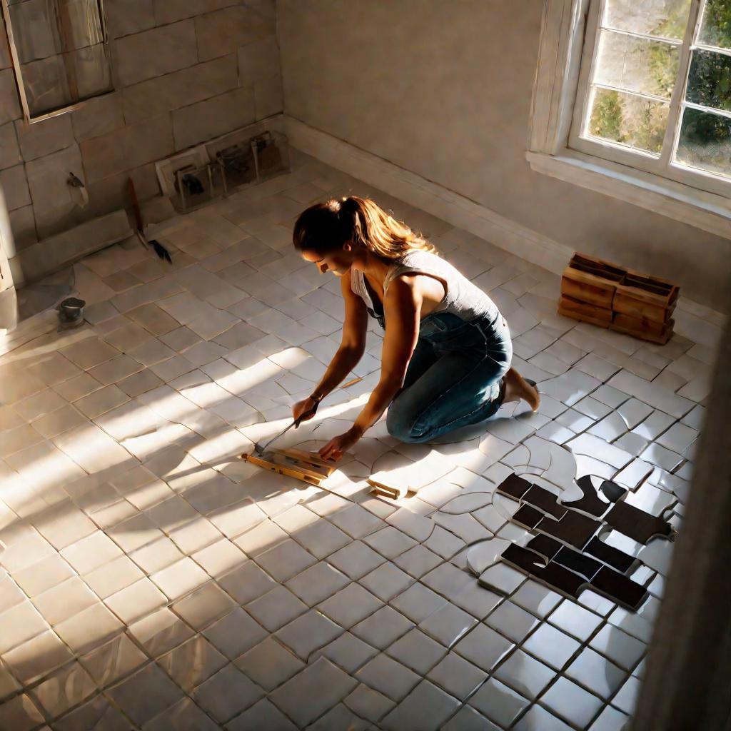 Женщина режет плитку электролобзиком в ванной по разметке.