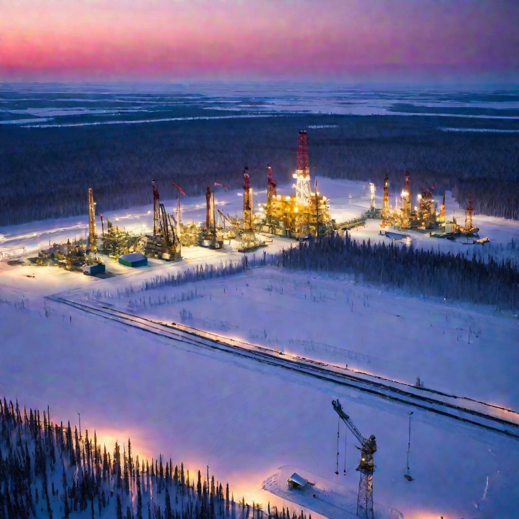 Нефтяная вышка на закате в тундре Западной Сибири. Вдалеке северное сияние освещает сумеречное небо над покрытым снегом хвойным лесом. Вид с высоты птичьего полета захватывает разветвленную сеть трубопроводов и производственных сооружений.
