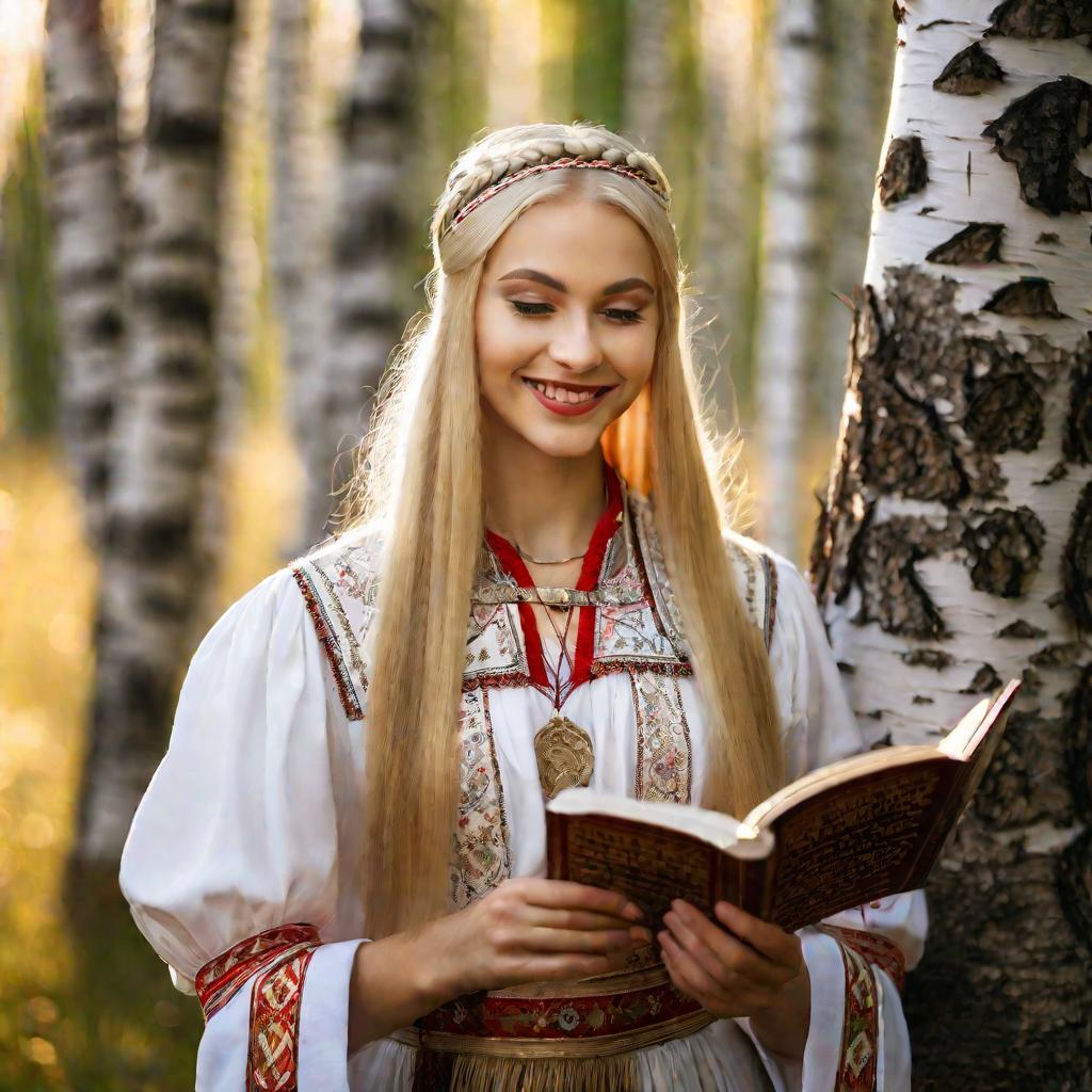 Девушка в народном костюме с кириллической книгой
