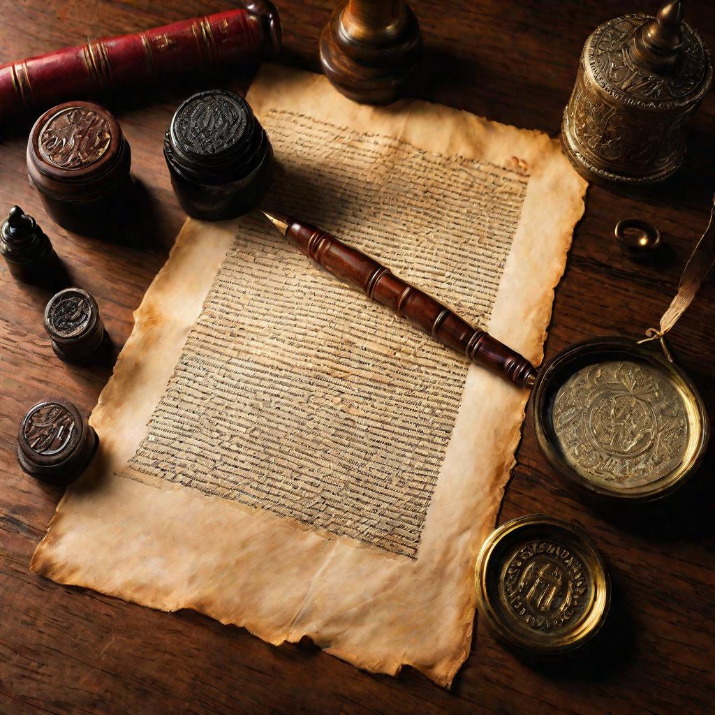 Письменный стол с пером, печатью и рукописью