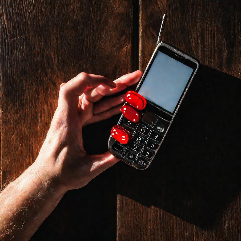 Рука сжимает старый кнопочный телефон на столе в полосе солнечного света