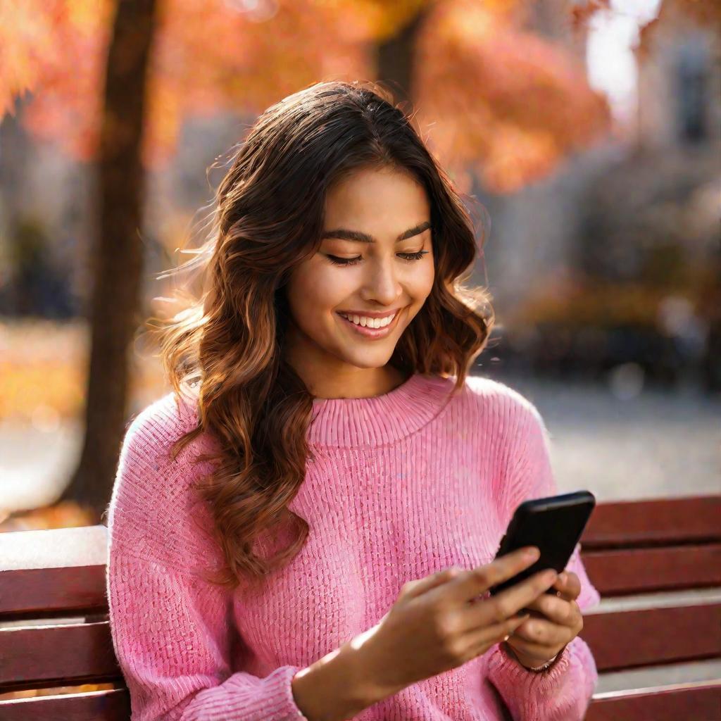 Девушка счастливая смотрит в телефон на скамейке осенью