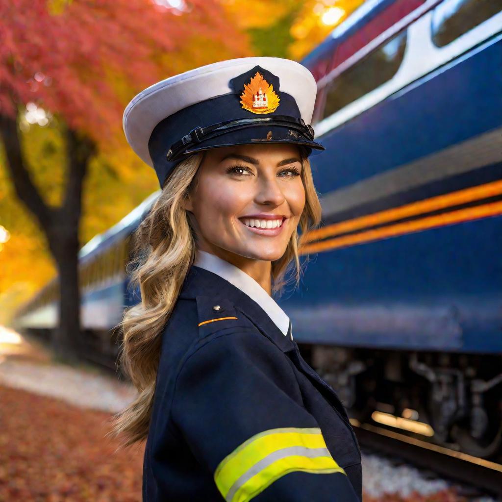 Портрет проводницы поезда, смеющейся на фоне поезда